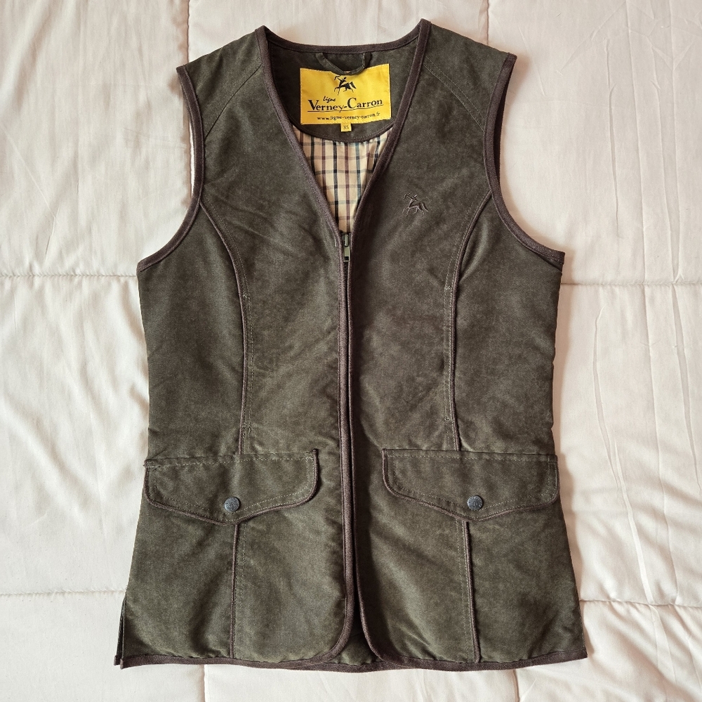 Sleeveless utility jacket vest, olive/military green with brown details, XS